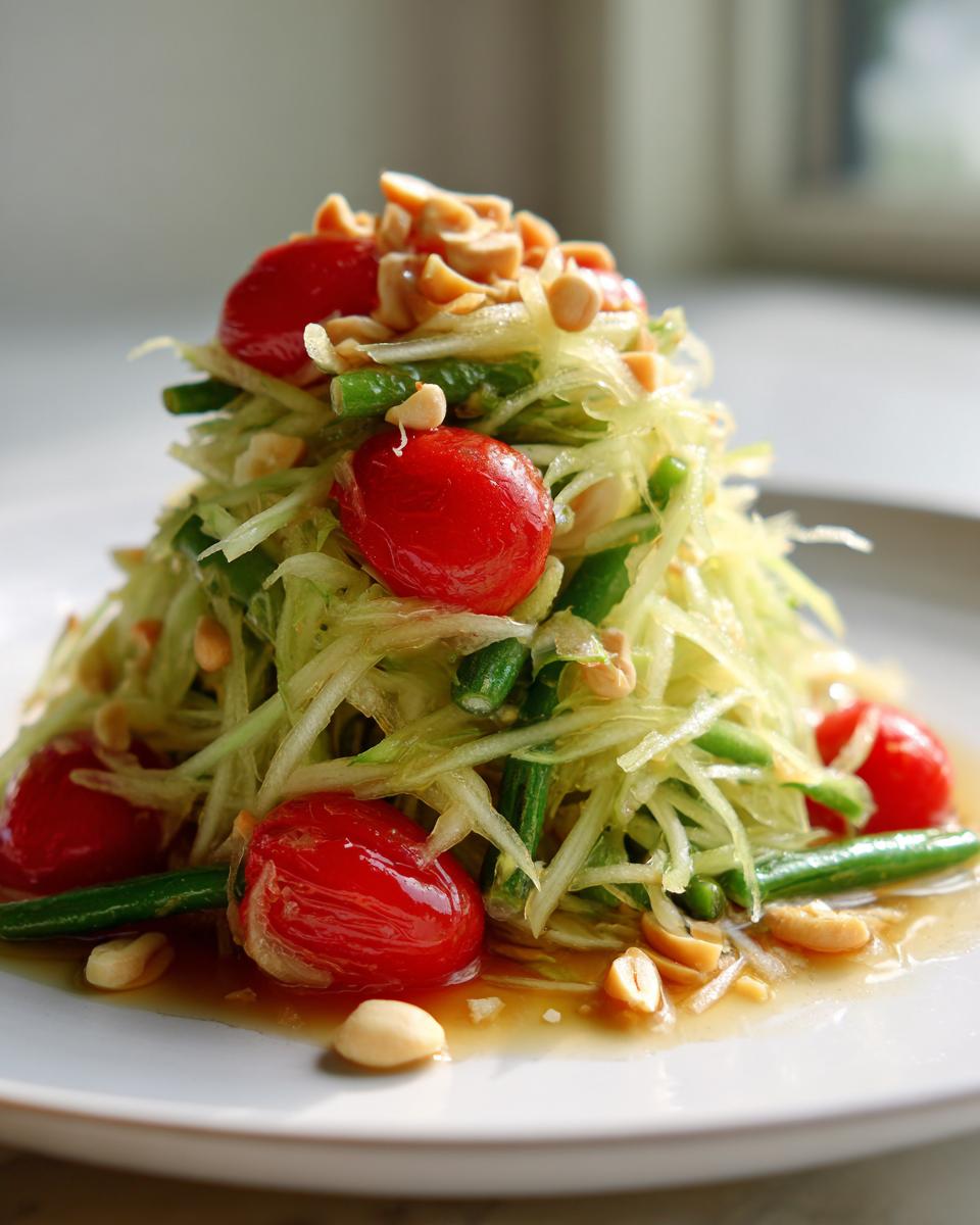 Close-up of a mound of fresh papaya salad featuring shredded green papaya, cherry tomatoes, green beans, and peanuts.