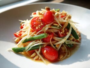 Close-up of a vibrant papaya salad featuring shredded green papaya, cherry tomatoes, green beans, and chopped peanuts.