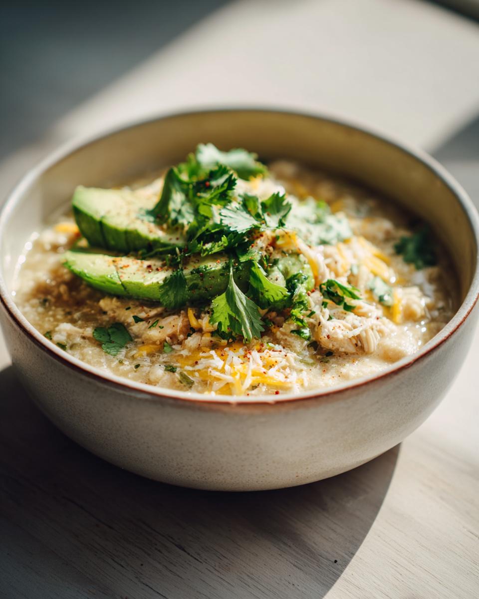 A close-up of a creamy bowl of white chicken chili topped with sliced avocado, shredded cheese, and fresh cilantro.