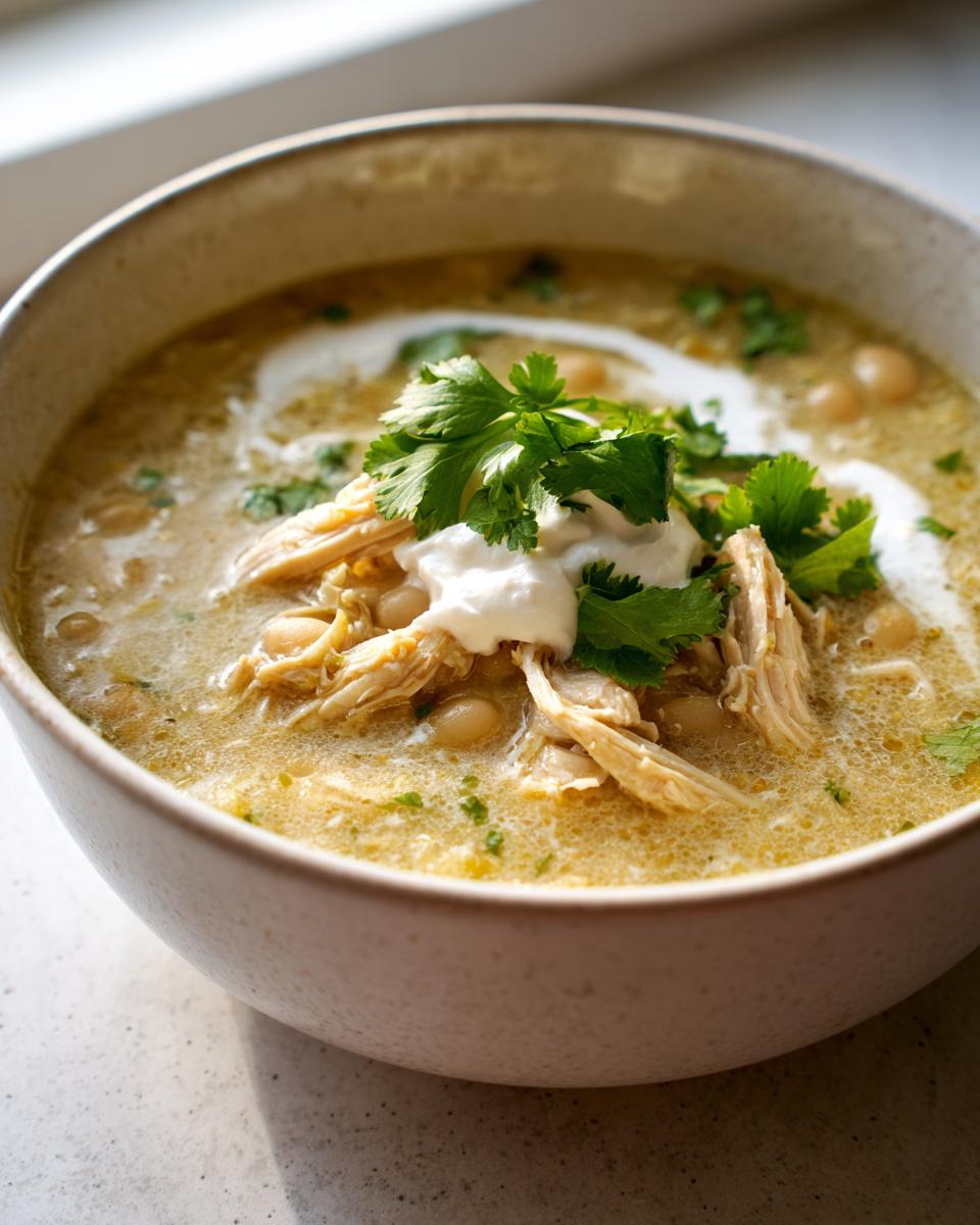 Close-up of a bowl of amazing white chicken chili topped with shredded chicken, sour cream, and fresh cilantro.