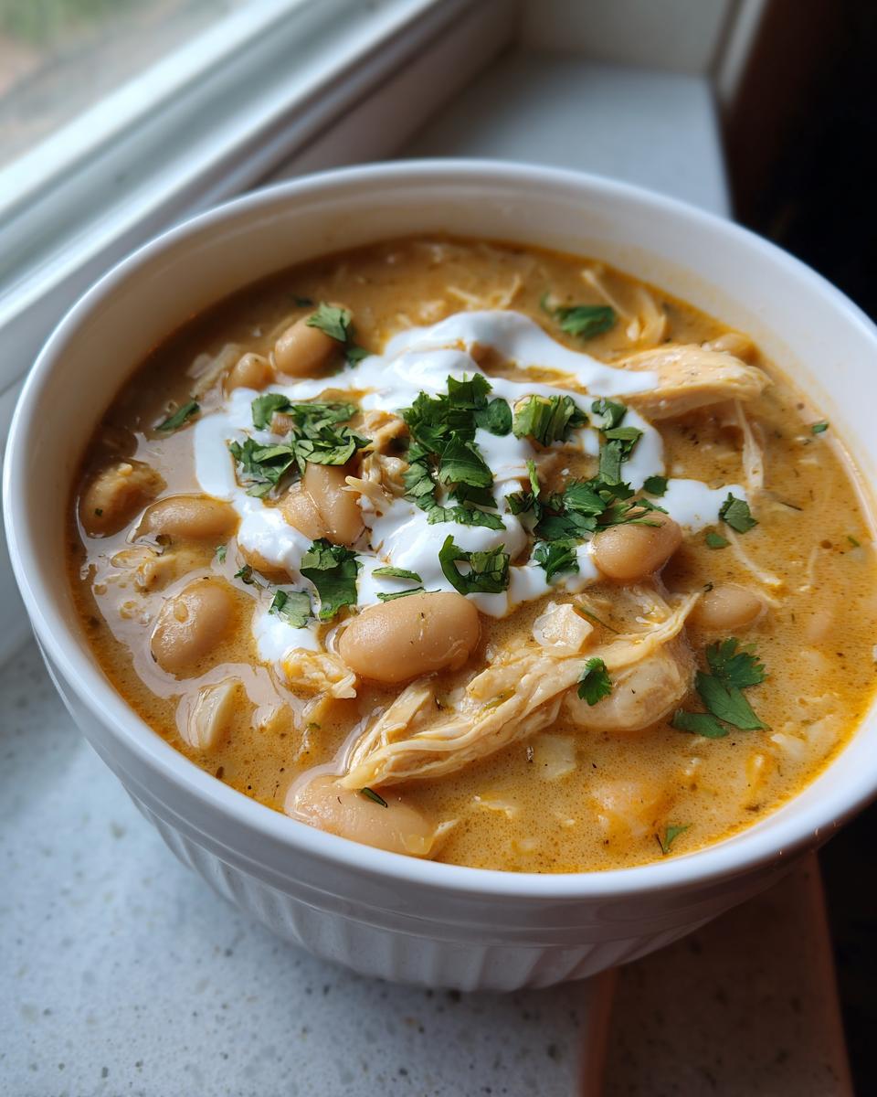 A close-up of a bowl of creamy white chicken chili topped with sour cream and fresh cilantro.