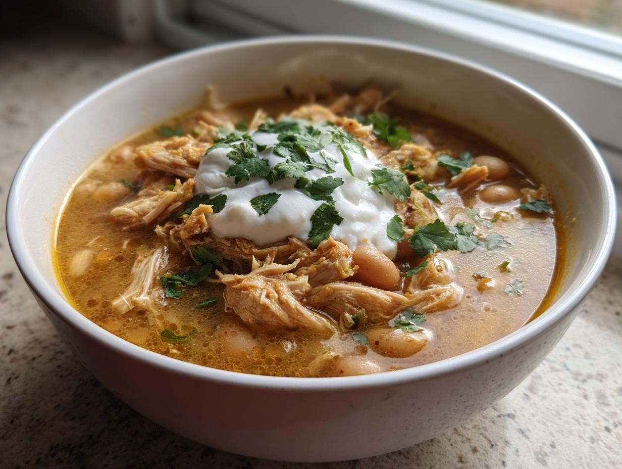 A close-up of a bowl of rich, brothy white chicken chili loaded with shredded chicken and beans, topped with sour cream and cilantro.