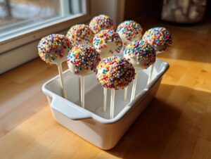 A batch of white chocolate cake pops covered in rainbow nonpareils sprinkles, displayed in a white ceramic dish.