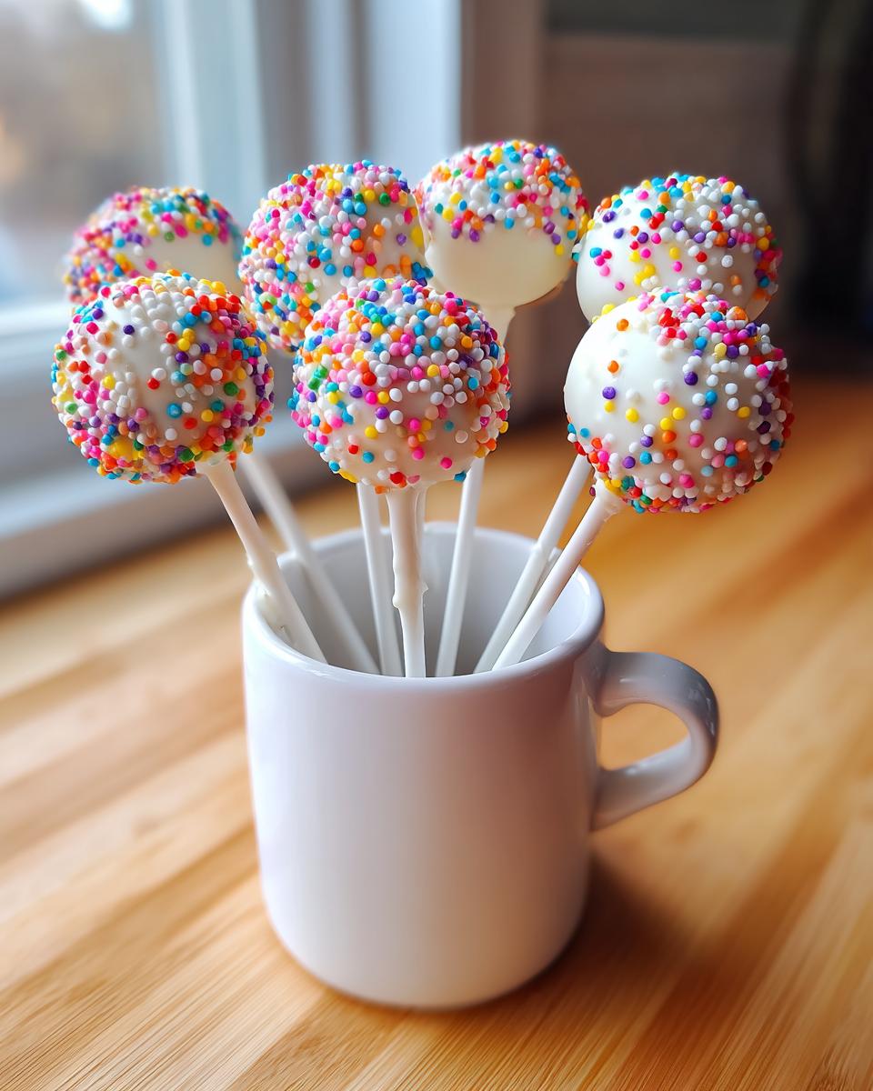 Several white chocolate cake pops covered in colorful sprinkles standing upright in a white mug.