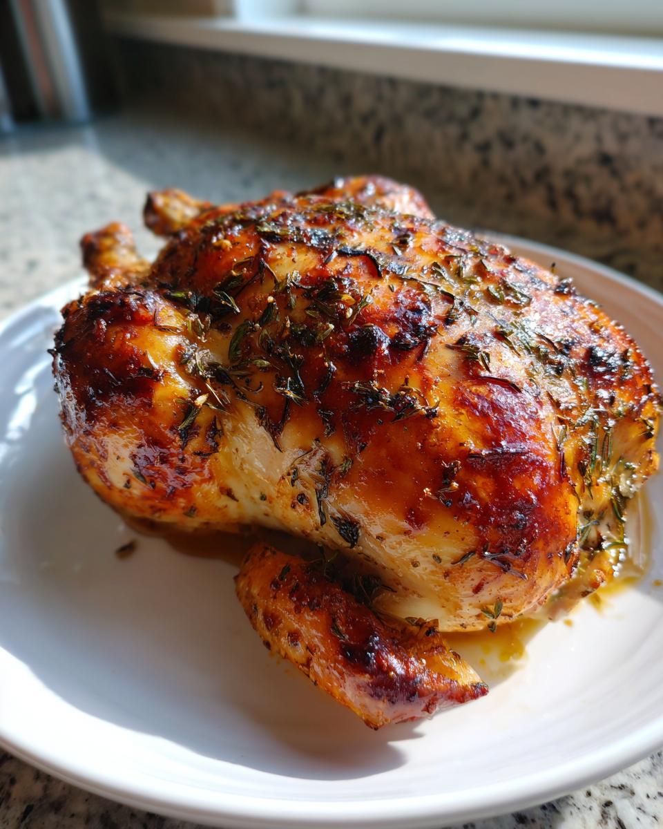 A glistening, roasted whole chicken seasoned with herbs resting on a white plate.
