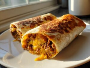 Close-up of two golden-brown, grilled beef burritos stuffed with seasoned ground beef and melted cheddar cheese.