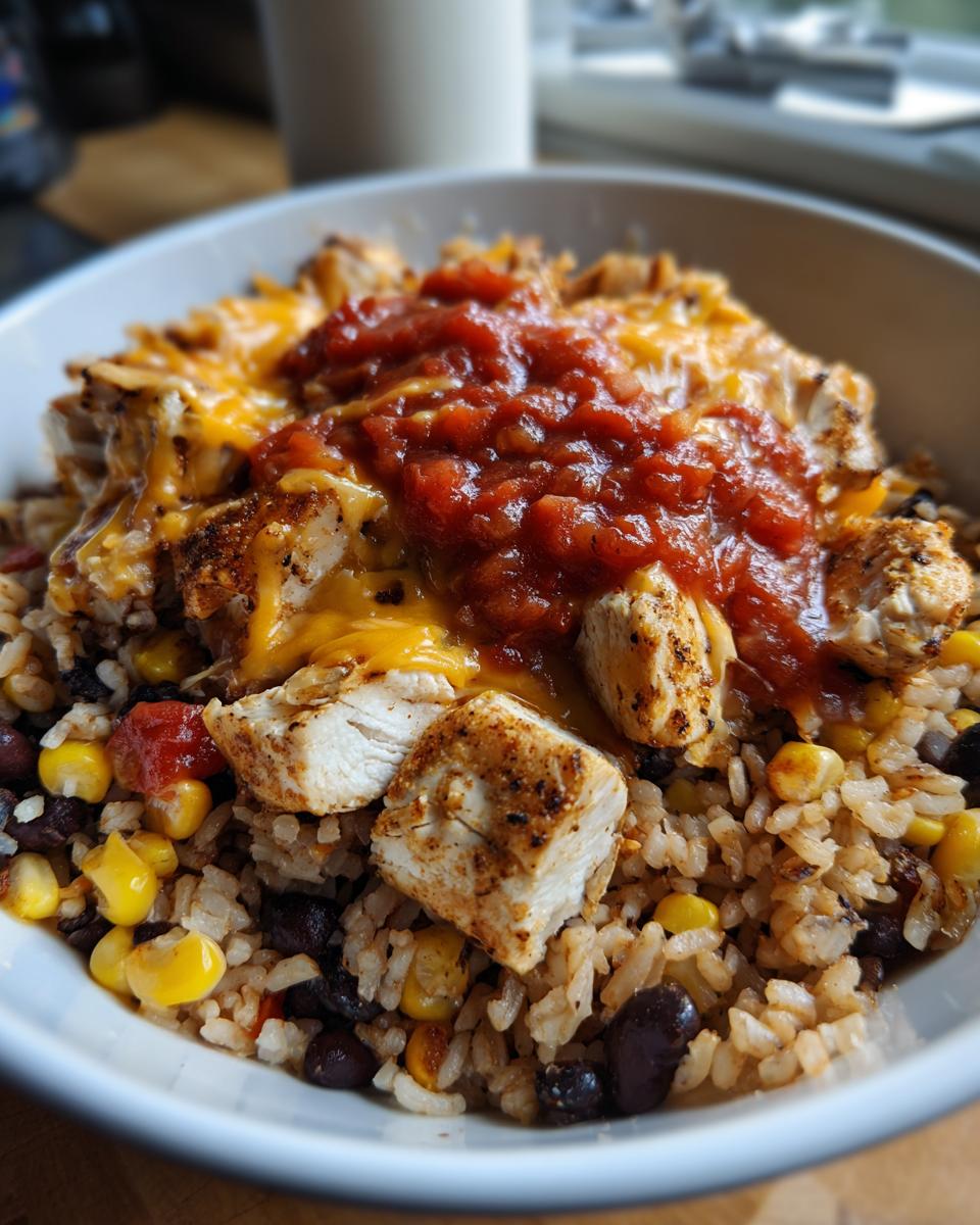 Close-up of a white bowl filled with a 30-minute chicken burrito protein bowl featuring seasoned chicken, rice, black beans, corn, melted cheese, and salsa.