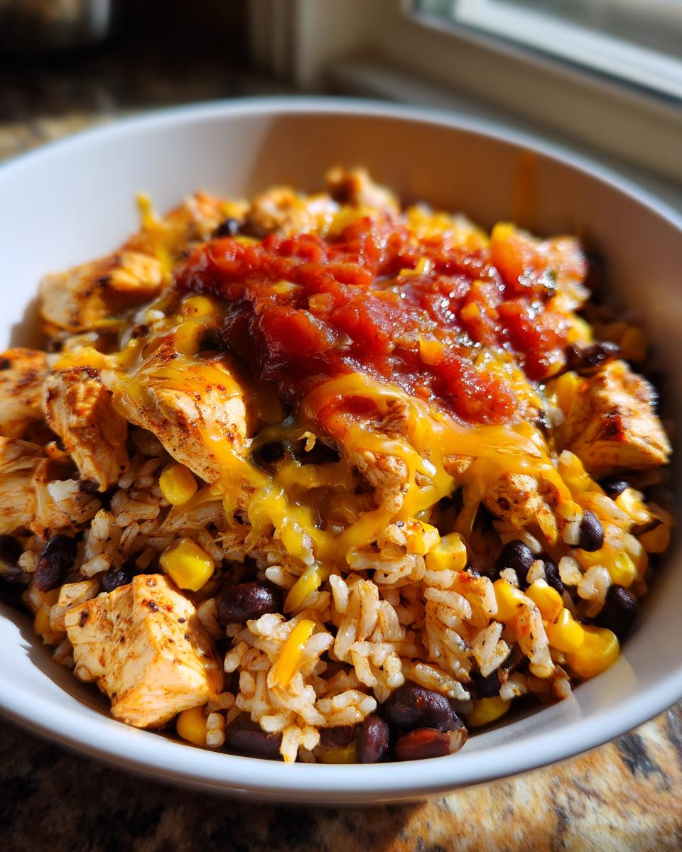 A close-up of a 30-minute chicken burrito protein bowl featuring seasoned chicken, rice, black beans, corn, melted cheese, and salsa.