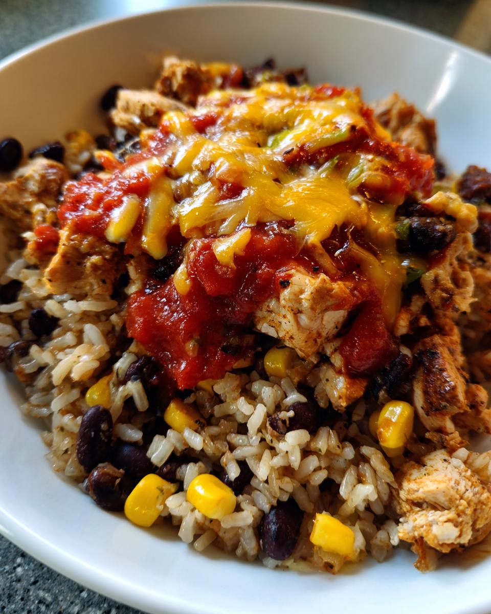 Close-up of a 30-minute chicken burrito protein bowl featuring rice, black beans, corn, seasoned chicken, salsa, and melted cheese.
