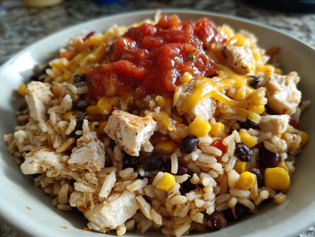 A close-up of a 30-minute chicken burrito protein bowl featuring rice, chicken chunks, black beans, corn, melted cheese, and salsa.