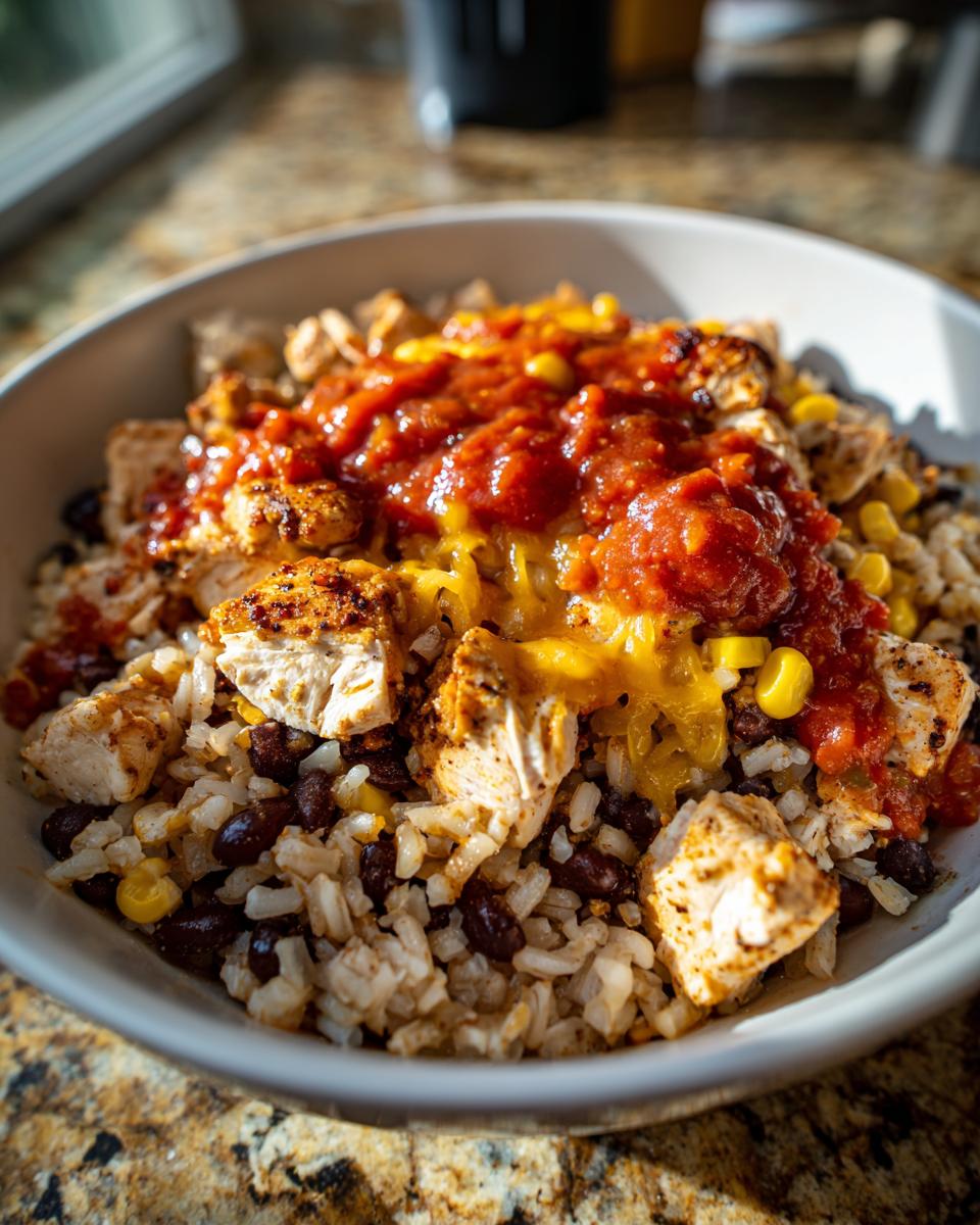 A close-up of a 30-minute chicken burrito protein bowl featuring rice, black beans, seasoned chicken, melted cheese, and salsa.