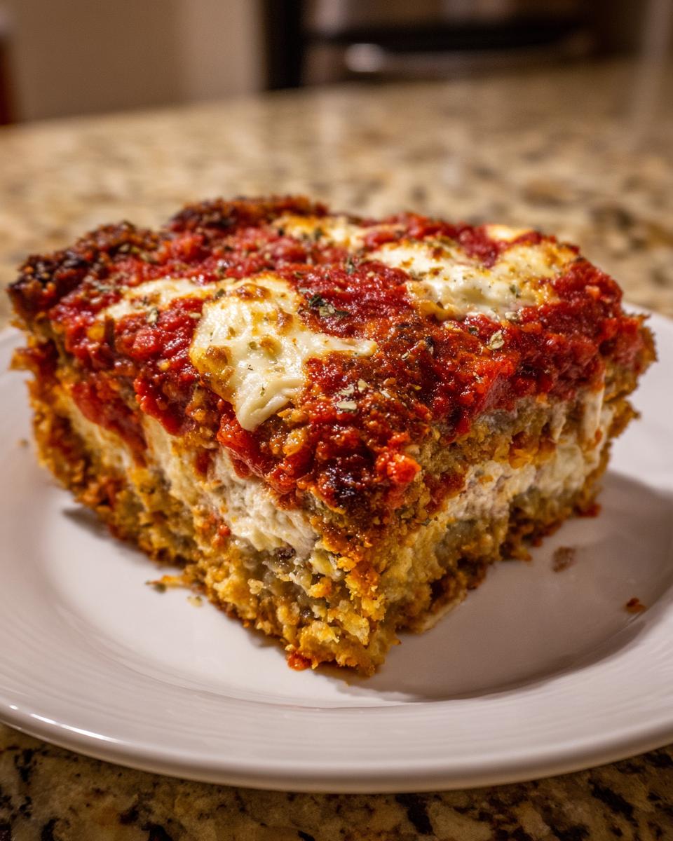 A thick, layered slice of baked eggplant parmesan topped with melted mozzarella and rich tomato sauce.