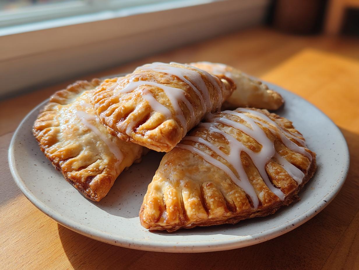 A plate of golden, flaky air fryer apple empanadas drizzled with white icing, sitting on a wooden surface.
