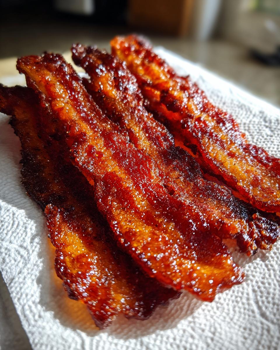Close-up of four strips of perfectly cooked, glossy, crispy air fryer bacon resting on a white paper towel.