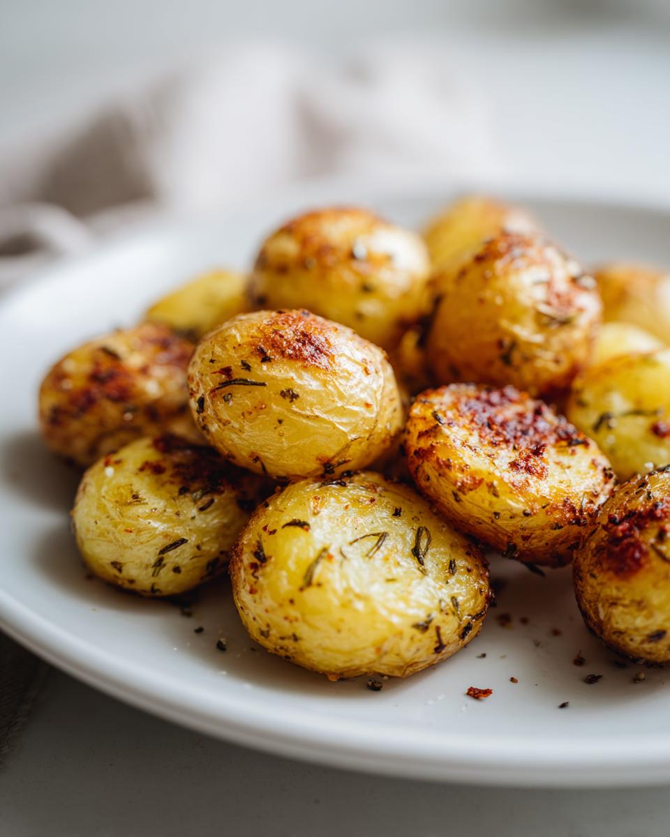 Close-up of golden, crispy air fryer roasted new potatoes seasoned with herbs and spices on a white plate.