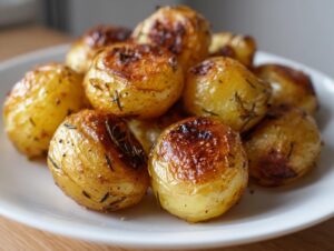 A close-up of golden brown, crispy air fryer roasted new potatoes seasoned with rosemary on a white plate.