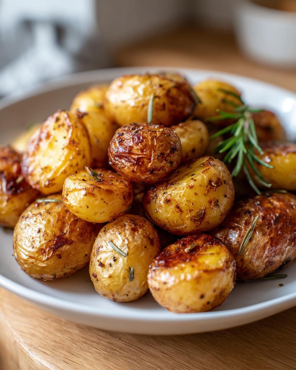 A close-up of golden brown, seasoned air fryer roasted new potatoes garnished with fresh rosemary sprigs.