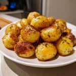 A white plate piled high with golden brown, seasoned air fryer roasted new potatoes.