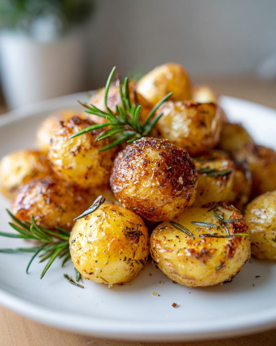 A close-up of golden brown, crispy air fryer roasted new potatoes seasoned with herbs and garnished with fresh rosemary.