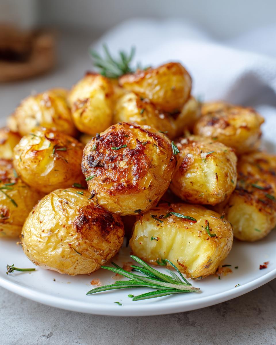 A pile of golden brown, crispy air fryer roasted new potatoes seasoned with rosemary and salt.