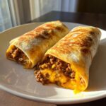 Two grilled beef burritos cut open to show seasoned ground beef and melted cheddar cheese filling.