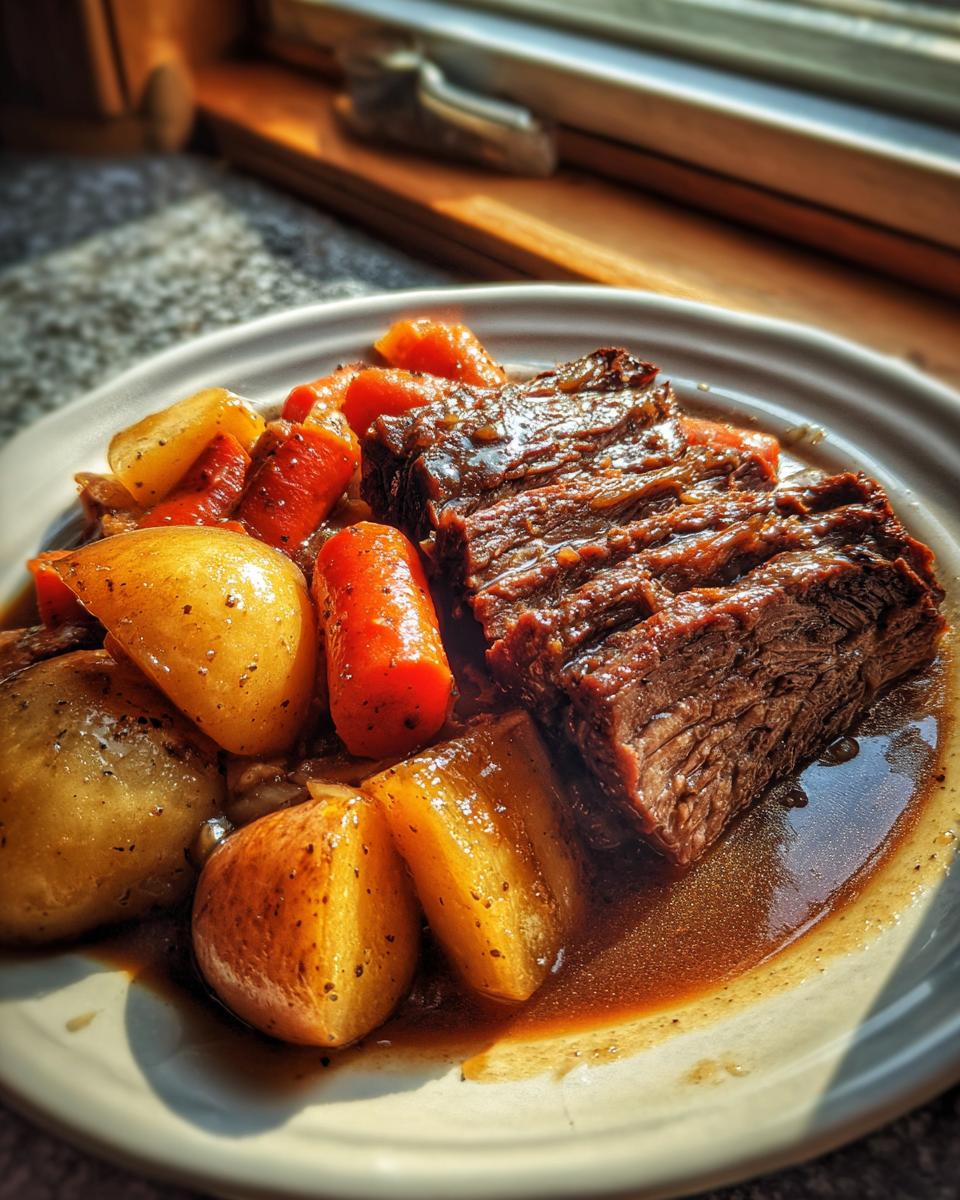A hearty serving of tender, shredded pot roast next to carrots and potatoes in rich gravy.