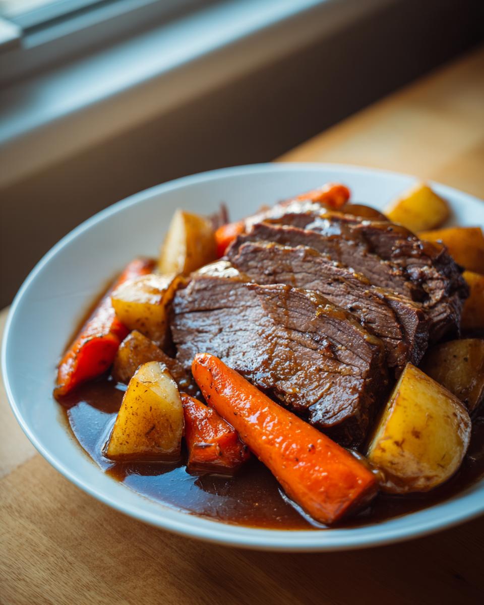 Close-up of sliced, tender pot roast served in a white bowl with carrots and potatoes in rich gravy.