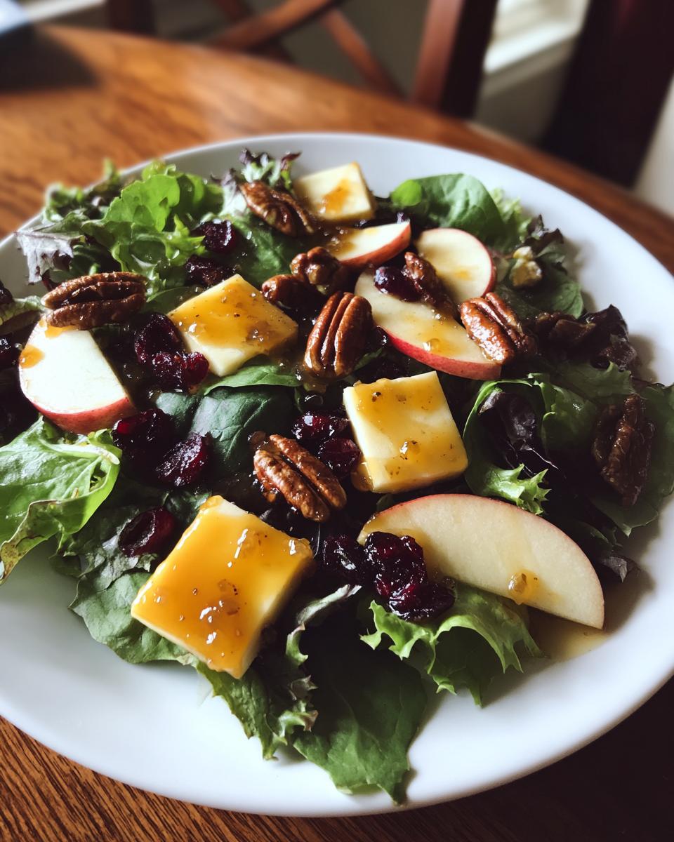A close-up view of an amazing apple salad featuring mixed greens, apple slices, cheese cubes, pecans, and dried cranberries.
