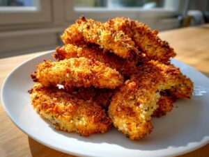 A pile of crispy, golden brown baked chicken tenders seasoned with herbs, served on a white plate.