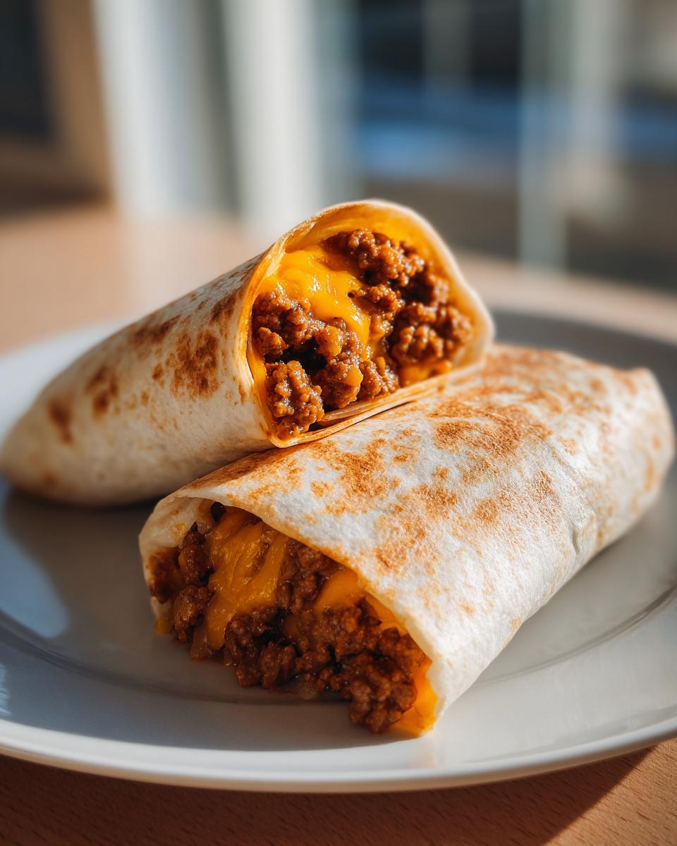 Two halves of a toasted tortilla filled with seasoned ground beef and melted cheddar cheese, showcasing the amazing beef burritos.