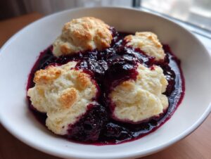 A white bowl filled with warm Blackberry Dumplings submerged in a rich, dark purple blackberry sauce.