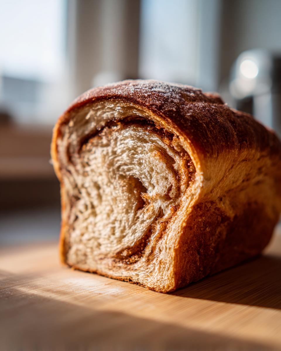 Close-up of a freshly baked loaf of cinnamon sugar bread, showing the beautiful swirl pattern inside.