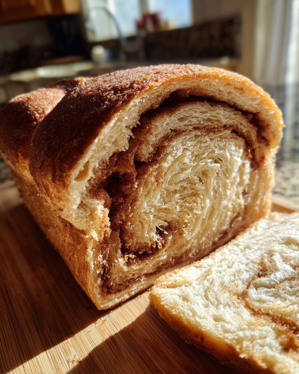 A loaf of soft, swirled cinnamon sugar bread, with a slice cut off, resting on a wooden board.