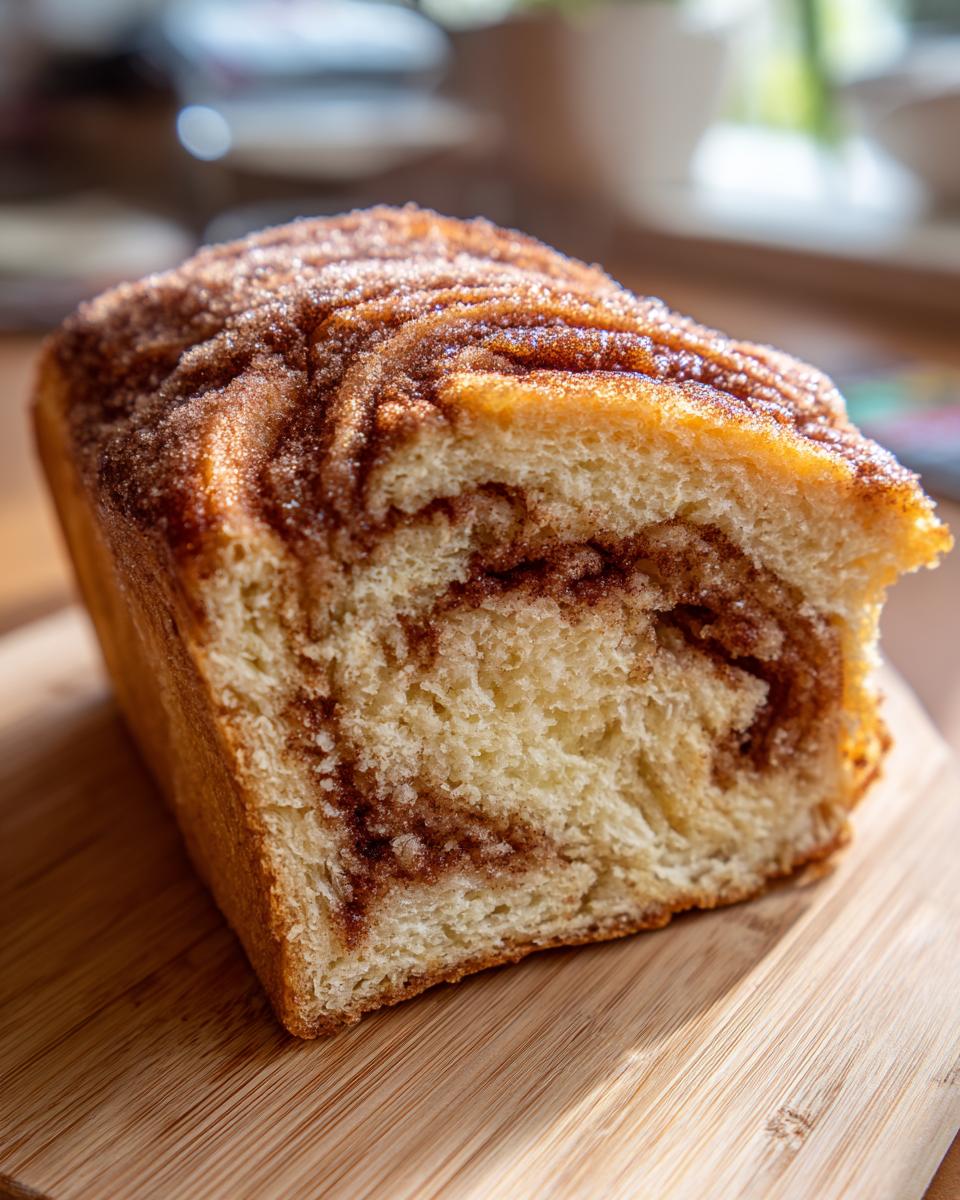A close-up view of a freshly baked loaf of cinnamon sugar bread showing the swirled interior and sugary topping.