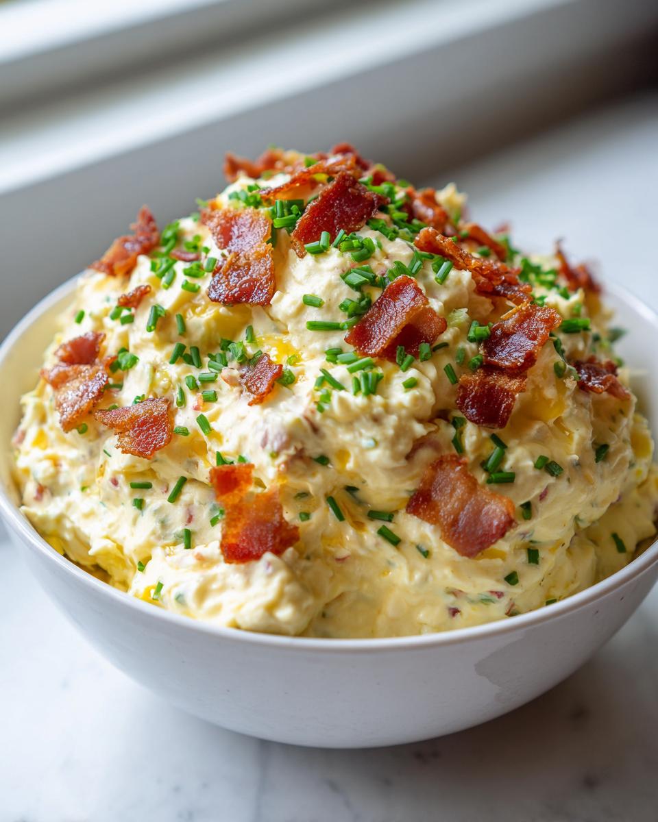 A large white bowl filled with creamy deviled egg dip, topped generously with crispy bacon pieces and fresh chives.