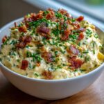 A creamy bowl of amazing deviled egg dip generously topped with crispy bacon crumbles and fresh chopped chives.