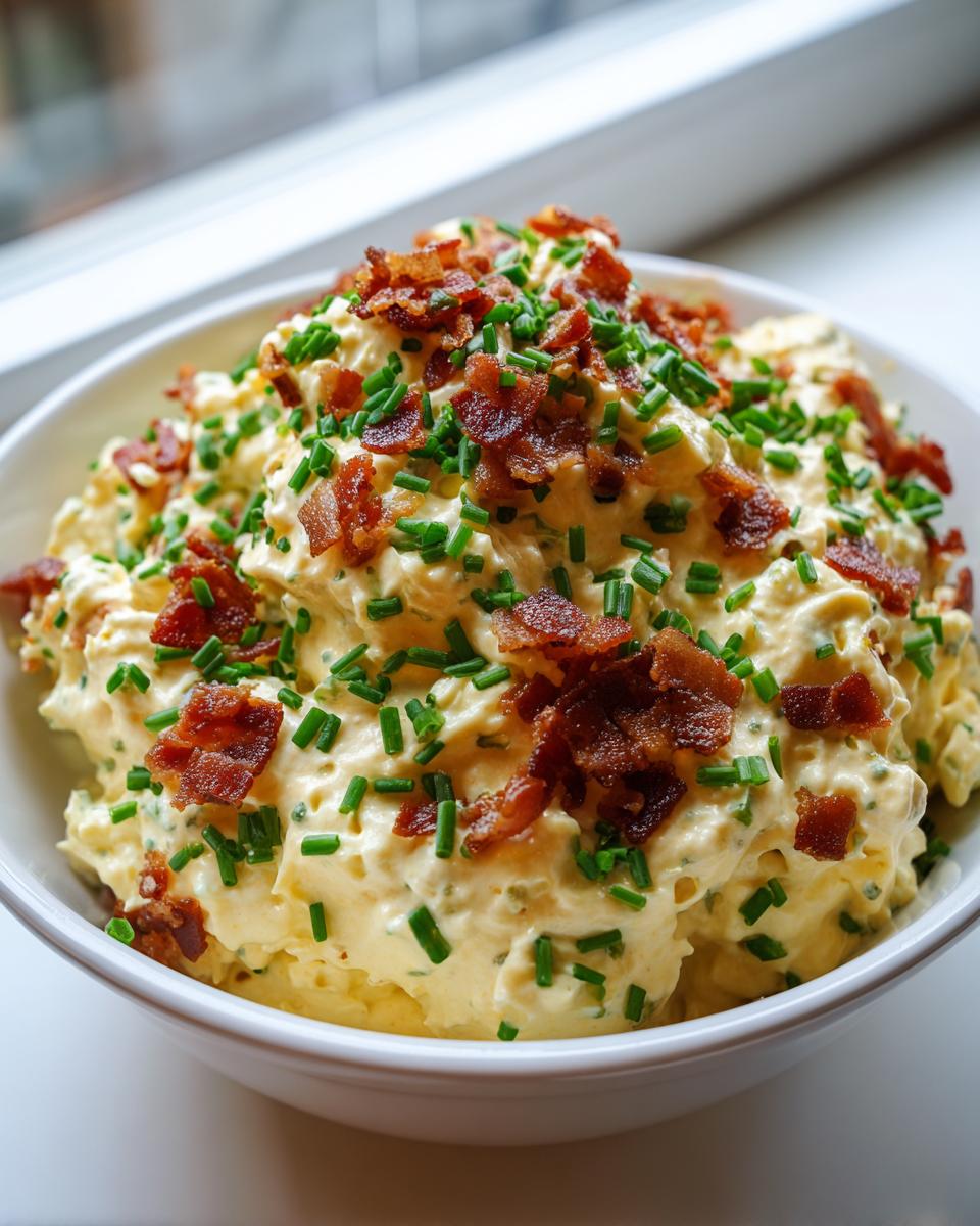 A bowl filled with creamy deviled egg dip, generously topped with crispy bacon bits and fresh chopped chives.