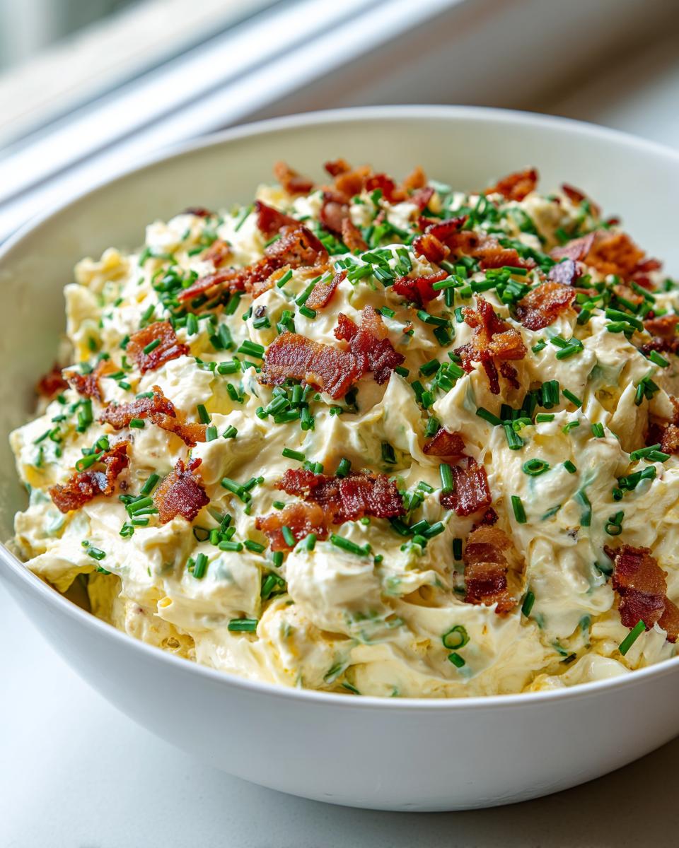 A close-up of creamy deviled egg dip in a white bowl, generously topped with crispy bacon bits and fresh green chives.