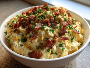 A white bowl filled with creamy deviled egg dip, topped generously with crumbled bacon and fresh chives.