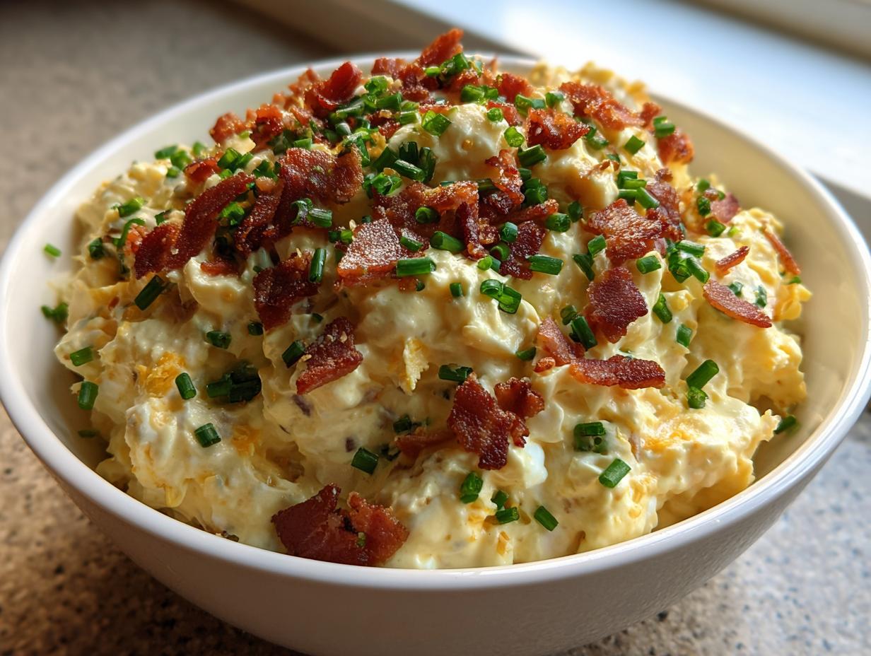A white bowl filled with creamy deviled egg dip, topped generously with crumbled bacon and fresh chives.