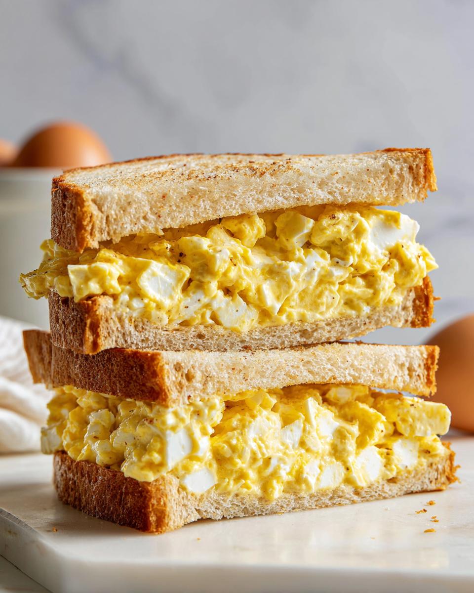 Two halves of an amazing egg salad sandwich stacked on top of each other, showing thick, creamy filling between toasted bread.