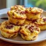 A stack of golden brown, savory McGriddle bites with visible sausage and cheese topping on a white plate.