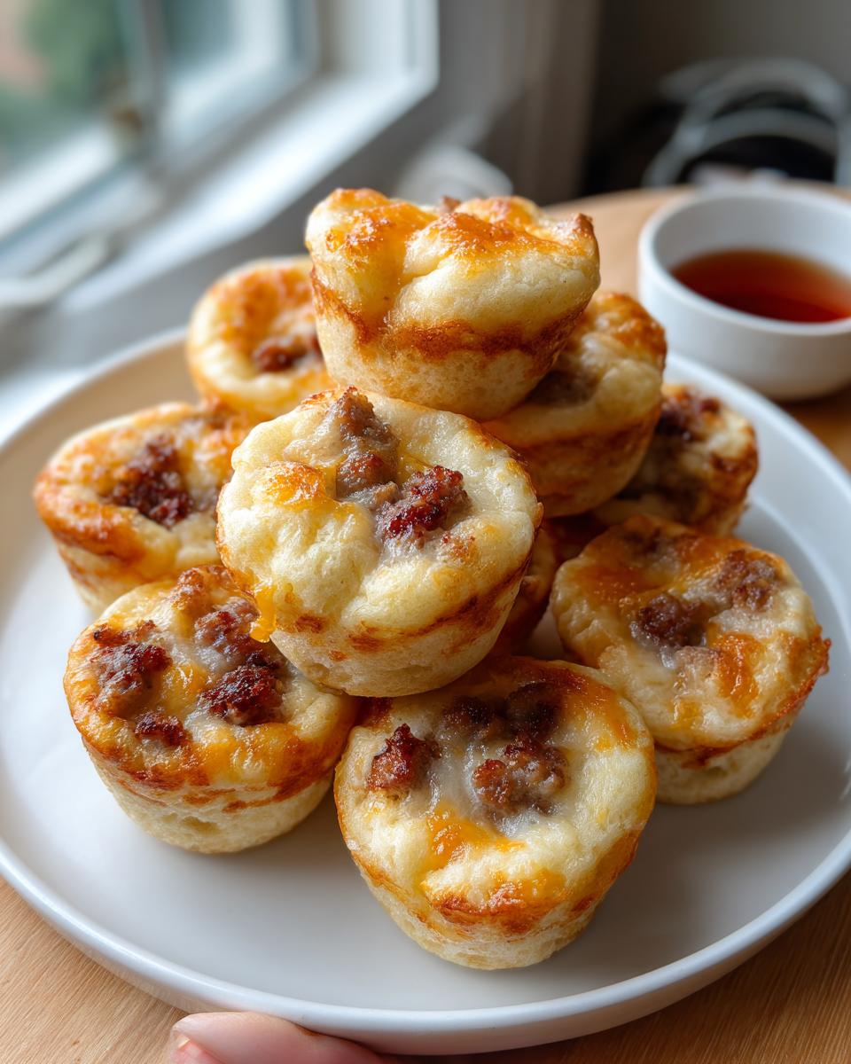 A stack of golden-brown homemade McGriddle bites topped with sausage and melted cheese on a white plate.