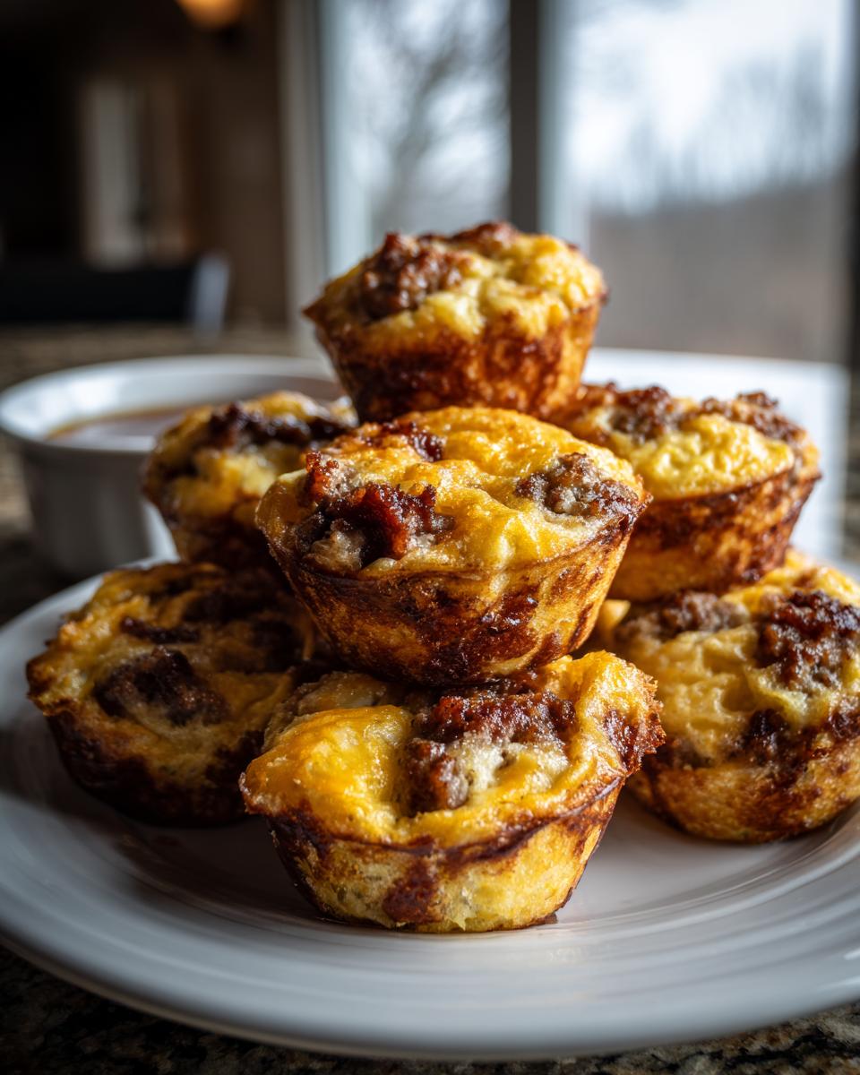 A stack of freshly baked, golden brown McGriddle bites featuring egg and sausage, resting on a white plate.