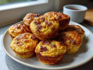A plate piled high with freshly baked, golden brown McGriddle bites featuring sausage and egg.