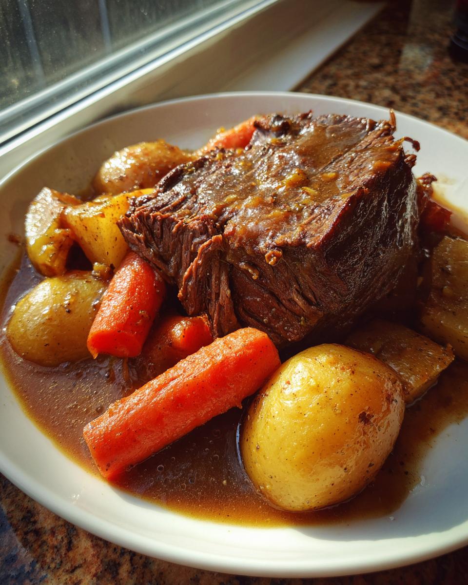 A close-up of a serving of amazing 8-hour pot roast, smothered in rich gravy with tender carrots and potatoes.