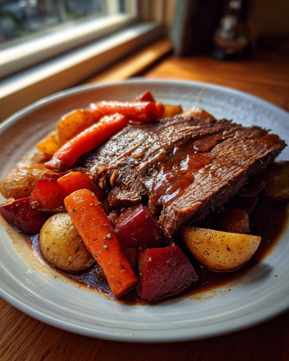 A thick slice of tender pot roast covered in rich gravy, served with carrots, potatoes, and beets.