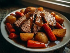Slices of tender pot roast covered in rich gravy, served with roasted carrots and potatoes.