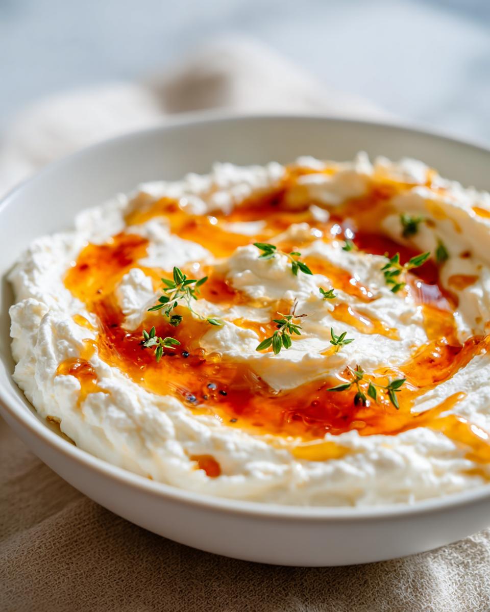 Close-up of a white bowl filled with creamy ricotta dip, drizzled with orange-hued honey and garnished with fresh thyme sprigs.