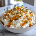 A bowl of fluffy whipped ricotta dip drizzled with golden honey and garnished with fresh thyme sprigs.
